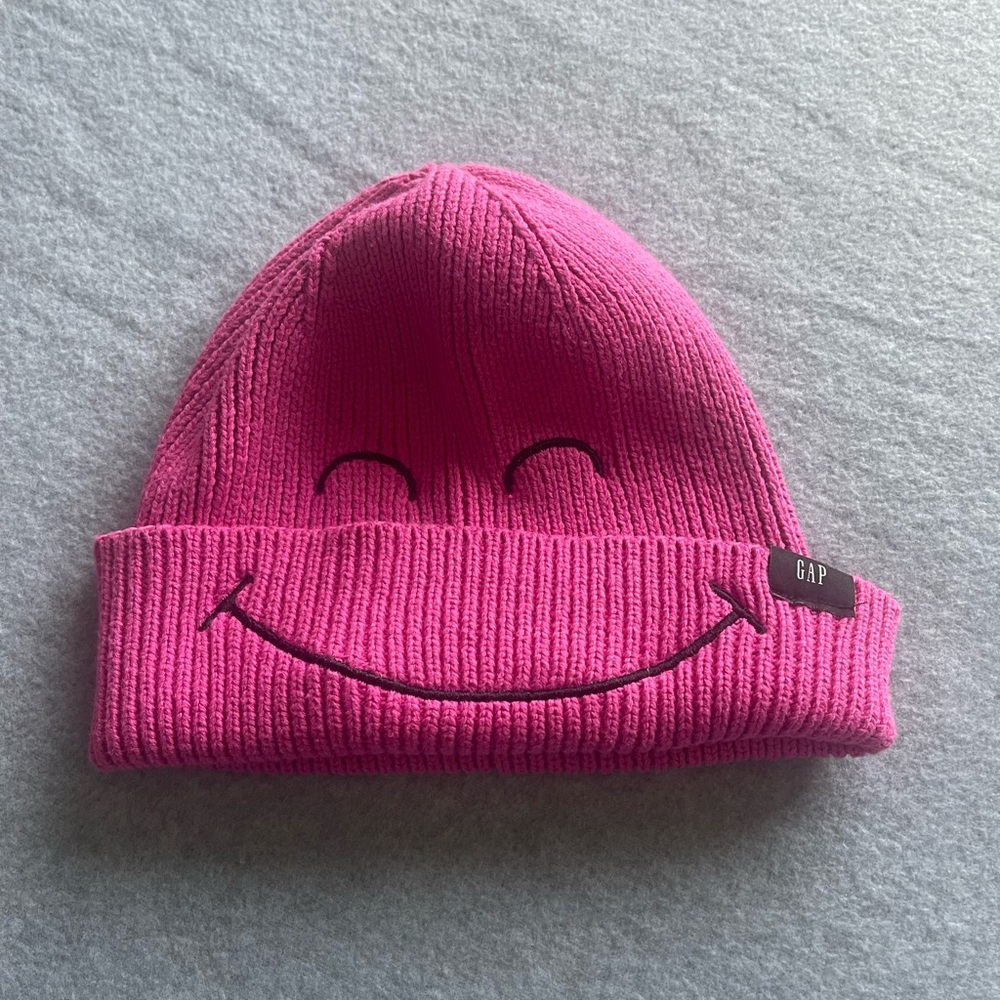GAP Pink Knit Beanie Hat with Smiley Face - Picture 5 of 6